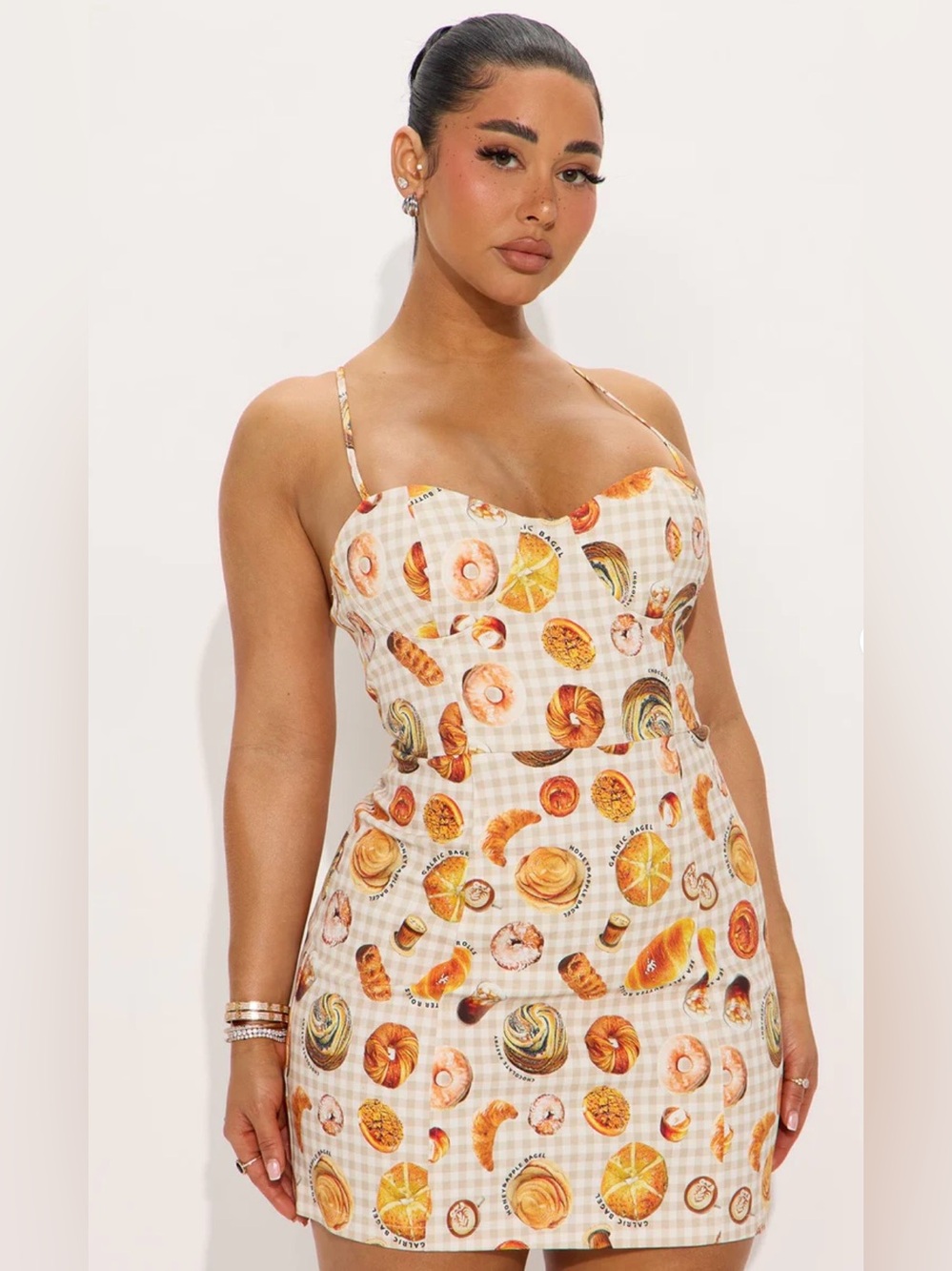 Fashion Nova White Bread Print Spaghetti Strap Mini Dress - Picture 3 of 3